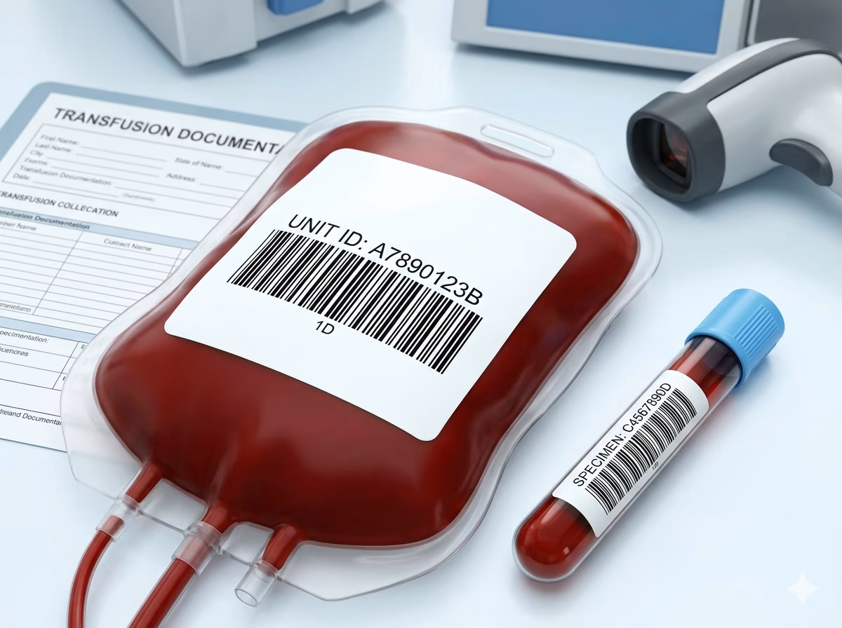 Codabar barcode on a blood bank specimen label for transfusion medicine