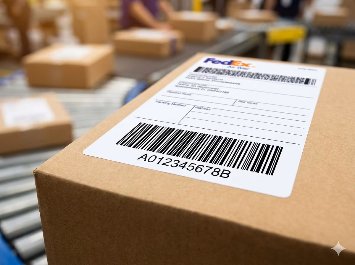 Codabar barcode on a FedEx air waybill label for express parcel tracking