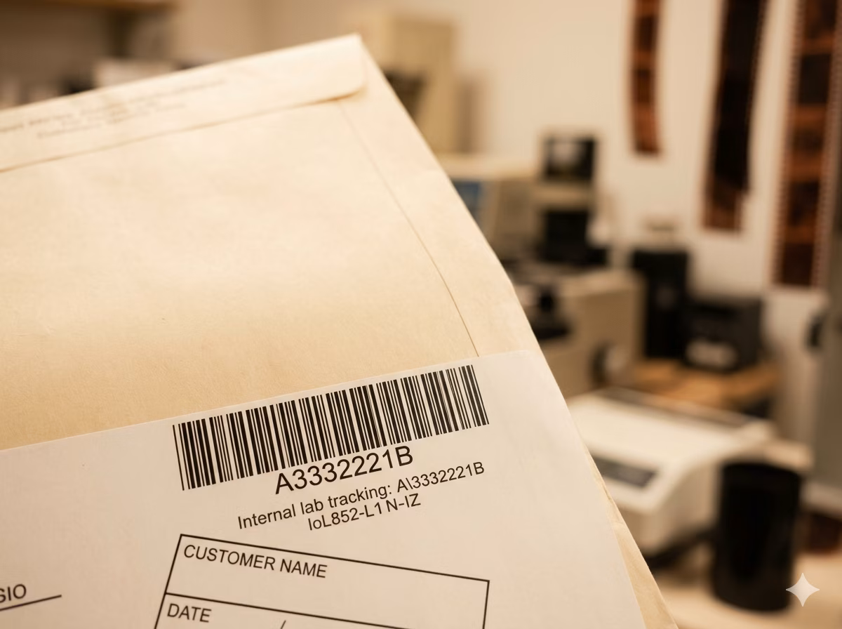 Codabar barcode on a photo lab film envelope for order tracking