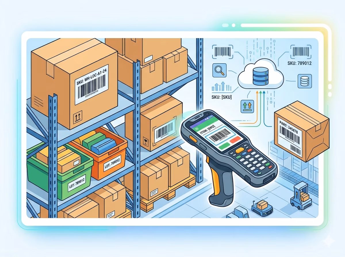 Code 128 barcode labels for warehouse inventory and SKU tracking