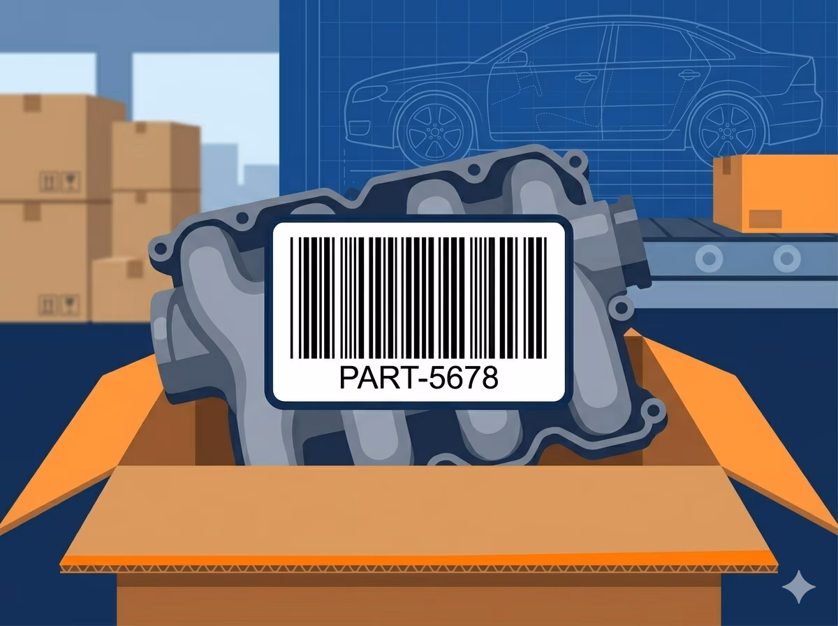 Code 39 barcode on an automotive parts label for OEM supply chain tracking