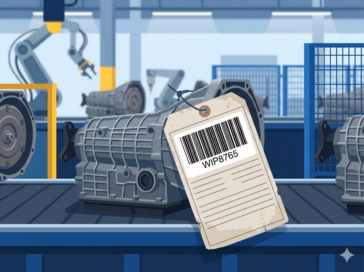 Code 39 barcode on a work-in-process tag for manufacturing floor tracking