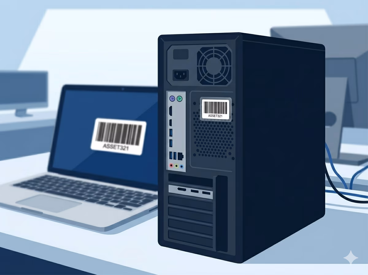 Code 39 barcode on an IT asset tag for equipment inventory management