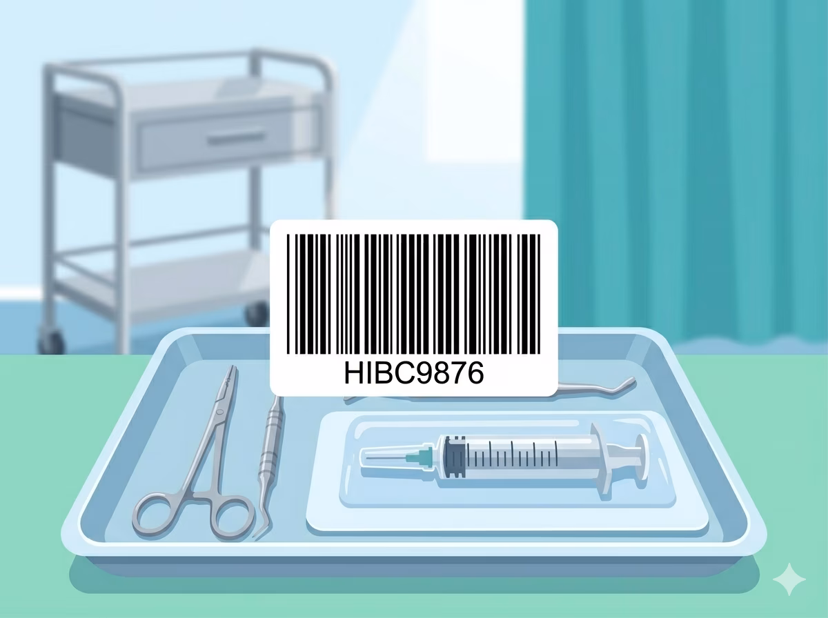 Code 39 HIBC barcode on a medical device label for healthcare traceability