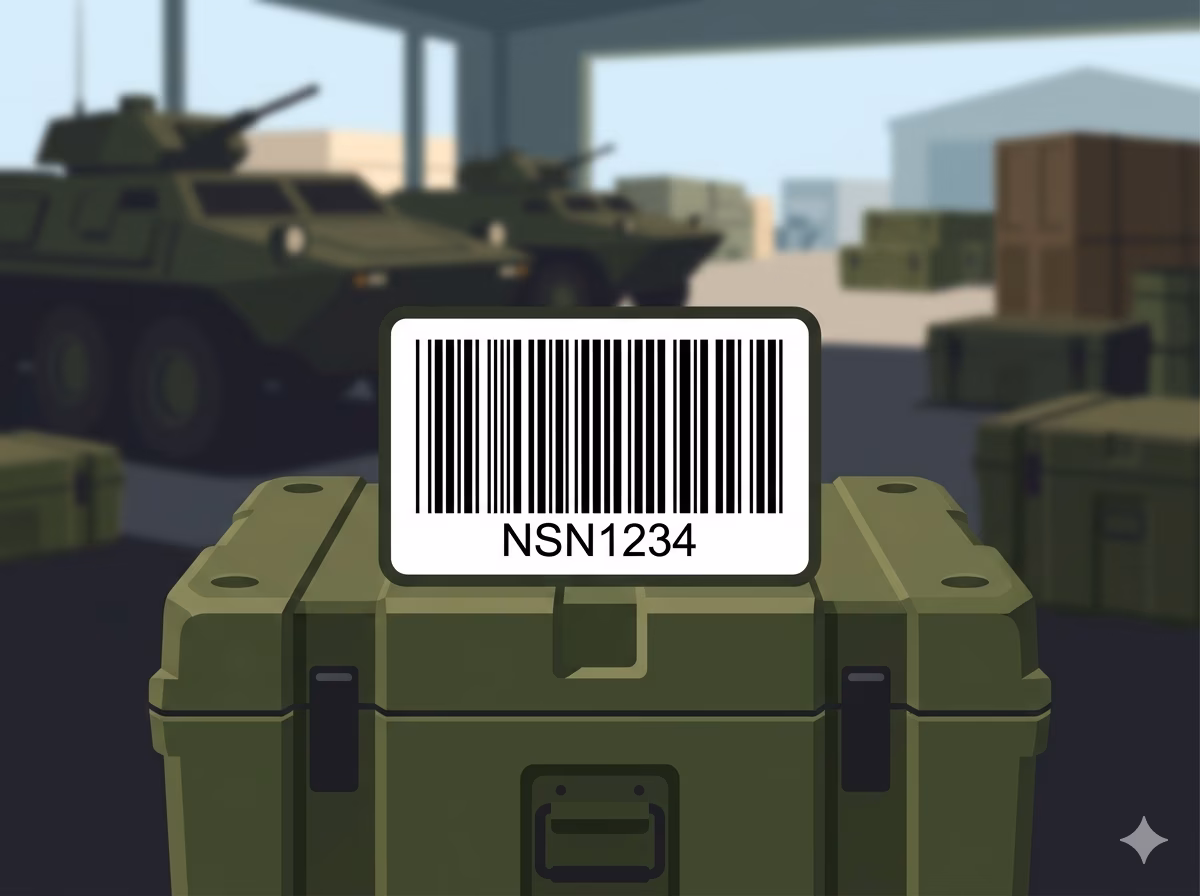 Code 39 barcode on a military asset label for defense inventory tracking