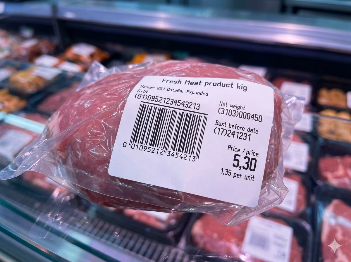 GS1 DataBar Expanded barcode on a fresh food price label encoding GTIN, weight, and expiration date