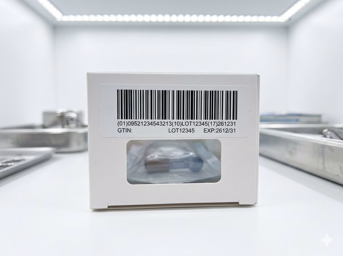 GS1 DataBar Expanded barcode on a medical device label encoding GTIN, lot, and expiration date for UDI compliance