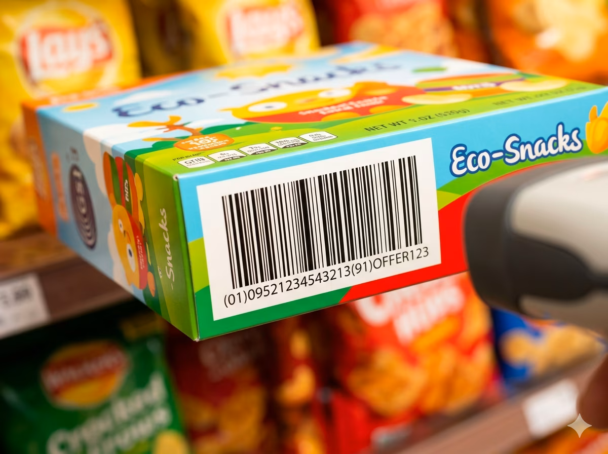 GS1 DataBar Expanded coupon barcode encoding offer code, expiration date, and purchase requirements