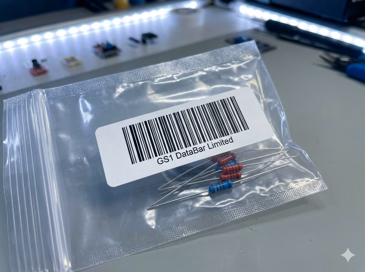 GS1 DataBar Limited barcode on a small electronic component retail package label