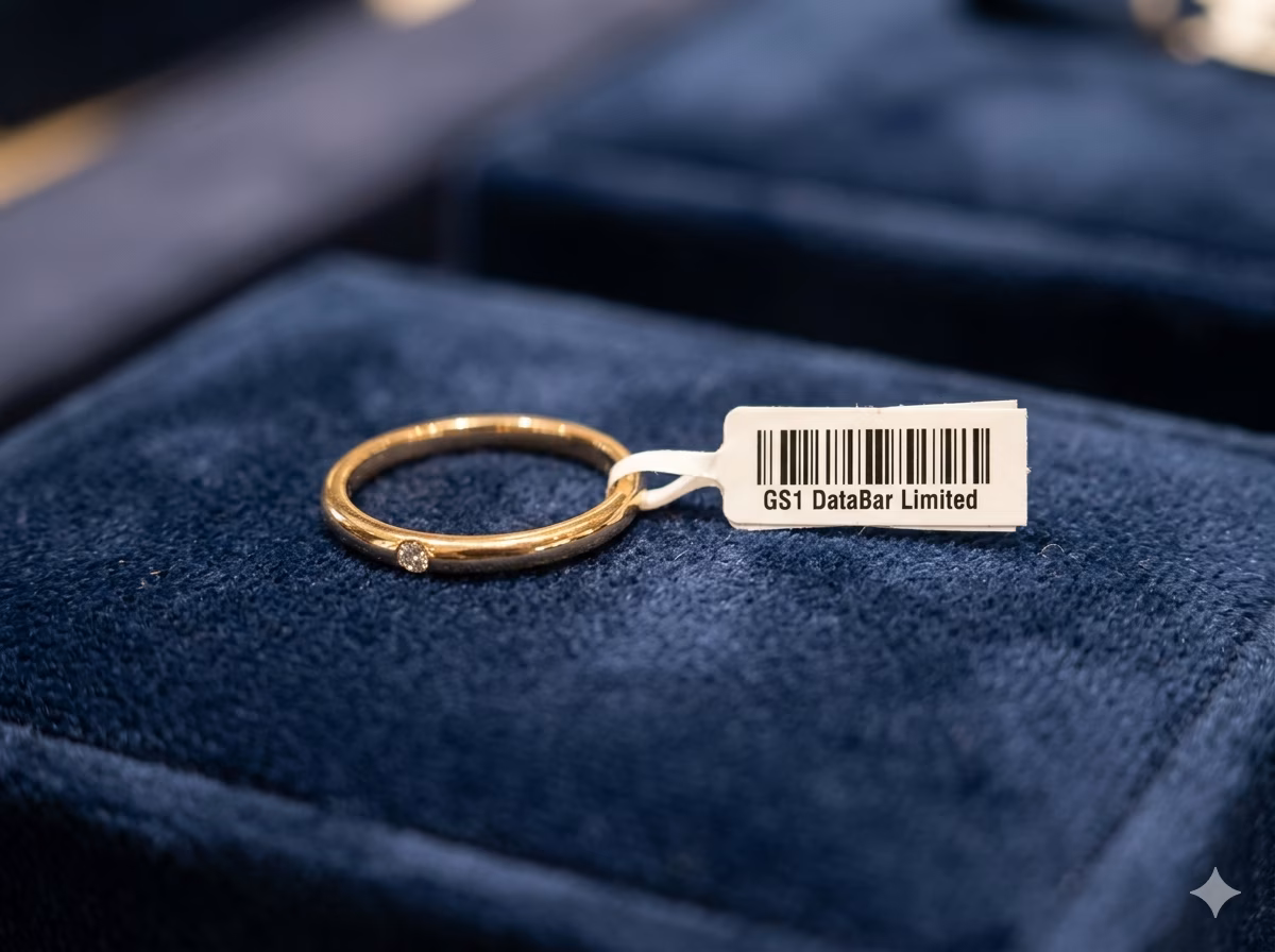 GS1 DataBar Limited barcode on a small jewelry hang tag for retail POS scanning