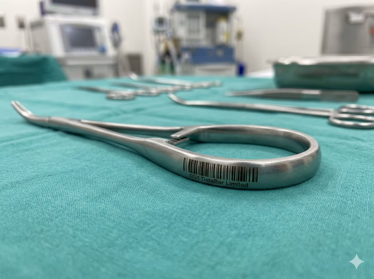 GS1 DataBar Limited barcode on a small medical device or surgical instrument label