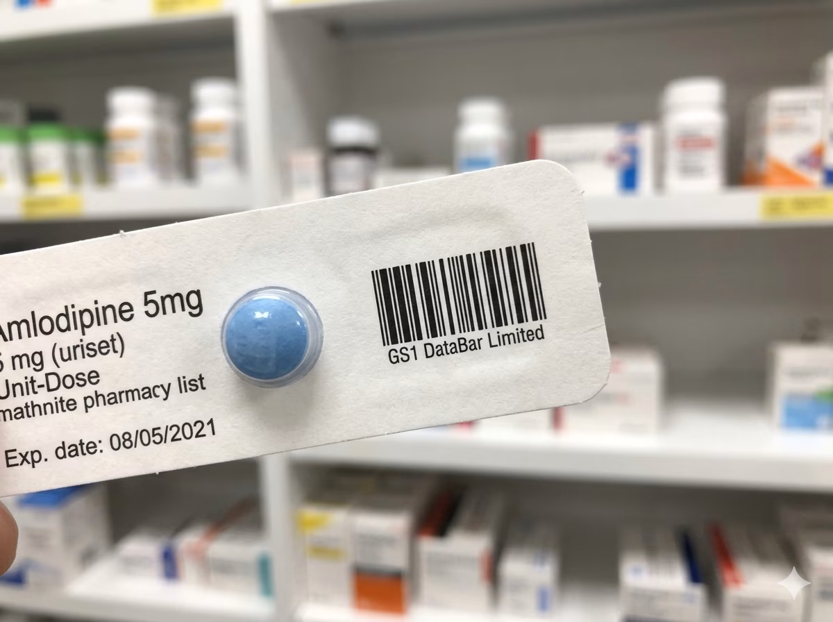 GS1 DataBar Limited barcode on a pharmaceutical unit-dose blister pack label