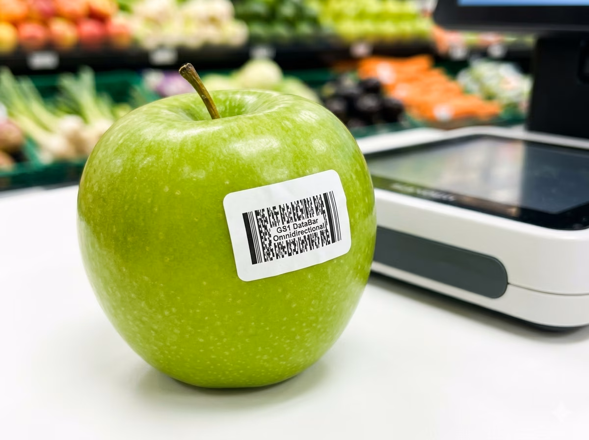 GS1 DataBar Omnidirectional barcode on a fresh produce price label for grocery POS scanning