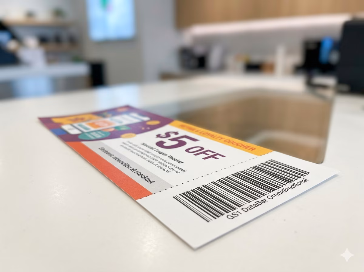 GS1 DataBar Omnidirectional barcode on a retail loyalty coupon or promotional label