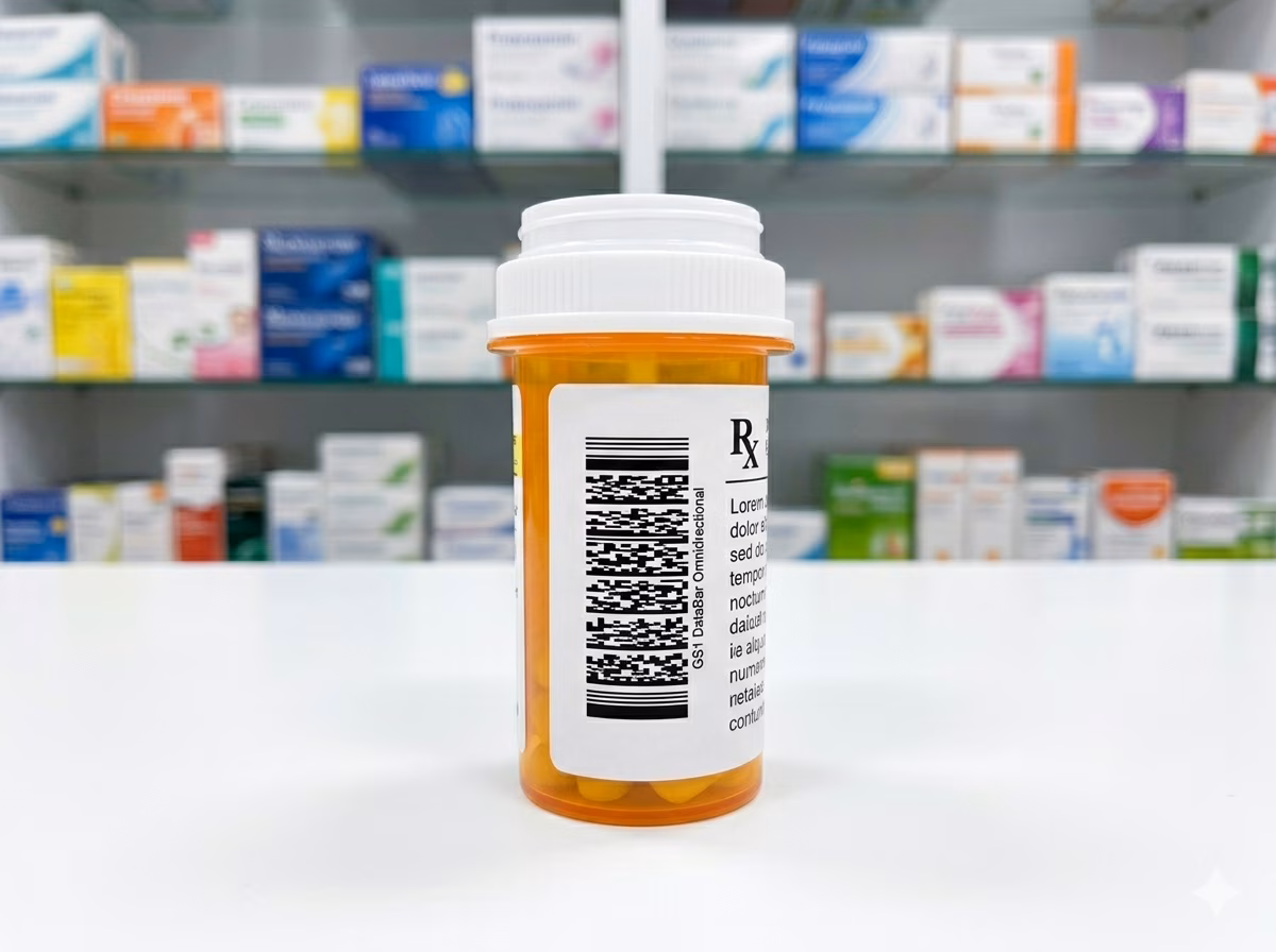 GS1 DataBar Omnidirectional barcode on a pharmacy product or OTC medication label