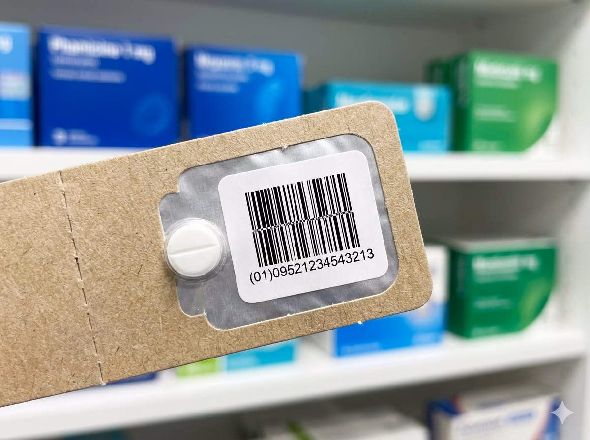 GS1 DataBar Stacked barcode on a small pharmacy or OTC drug package