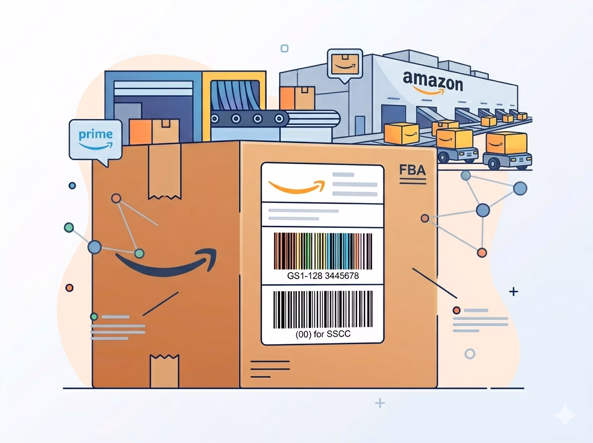 GS1-128 barcode on an Amazon FBA inbound shipment carton label encoding SSCC for fulfillment center receiving