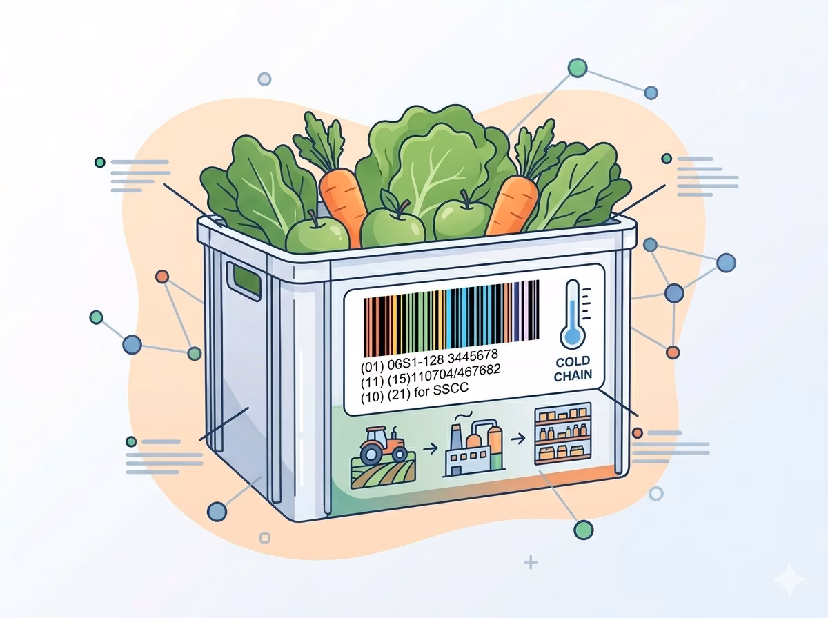 GS1-128 barcode on a food case label encoding GTIN, production date, and lot number for food safety traceability
