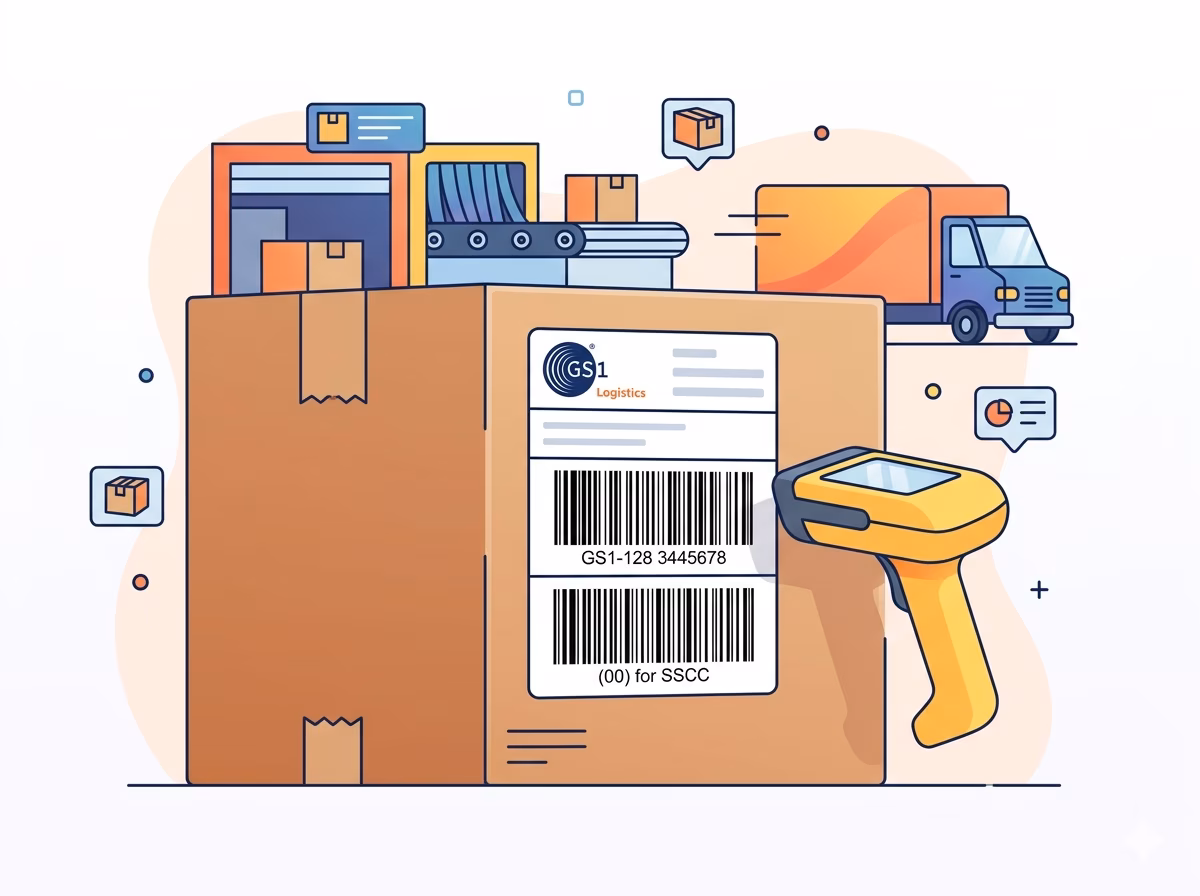 GS1-128 barcode on a retail logistics carton label encoding SSCC-18 for supply chain tracking