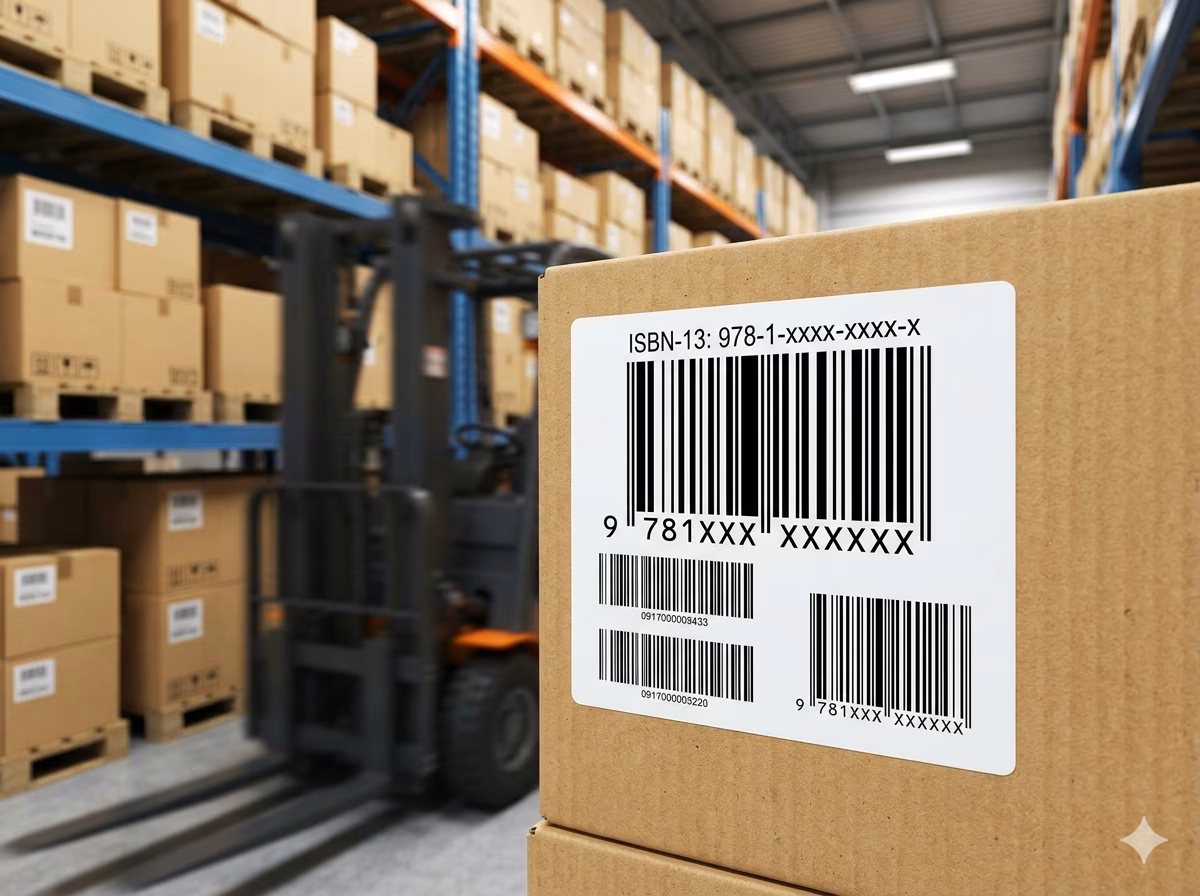 Código de barras ISBN en una etiqueta de inventario de almacén de un distribuidor de libros