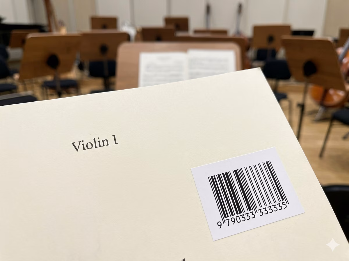 ISMN barcode on a music library catalog card for printed score identification