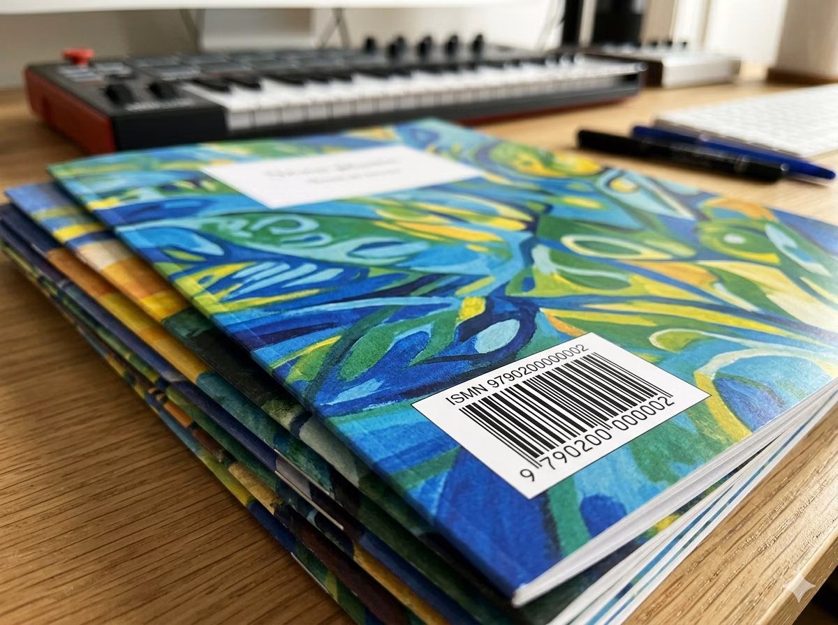 ISMN barcode on self-published sheet music for independent composer distribution
