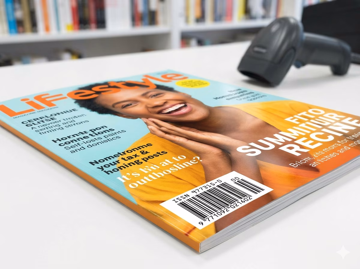 ISSN barcode on a magazine cover for newsstand point-of-sale scanning