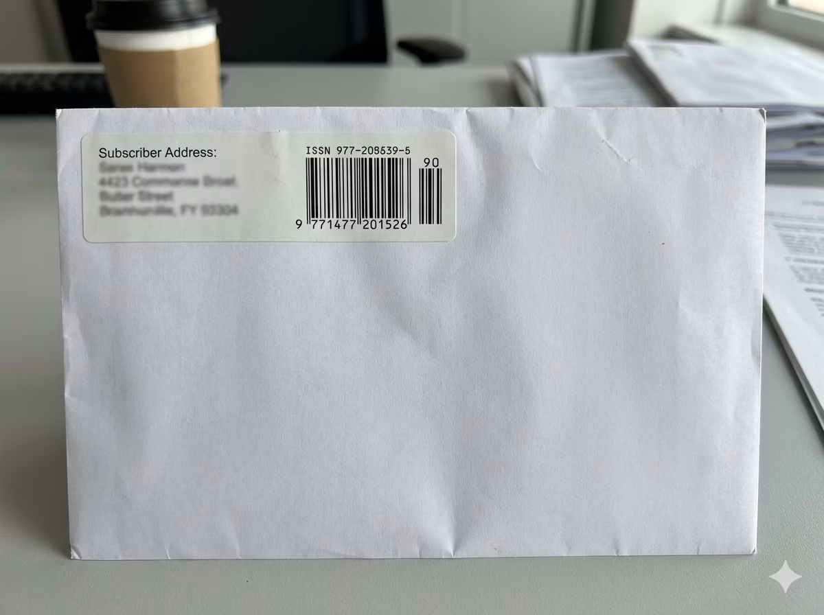 ISSN barcode on a subscription mailing label for postal automation processing