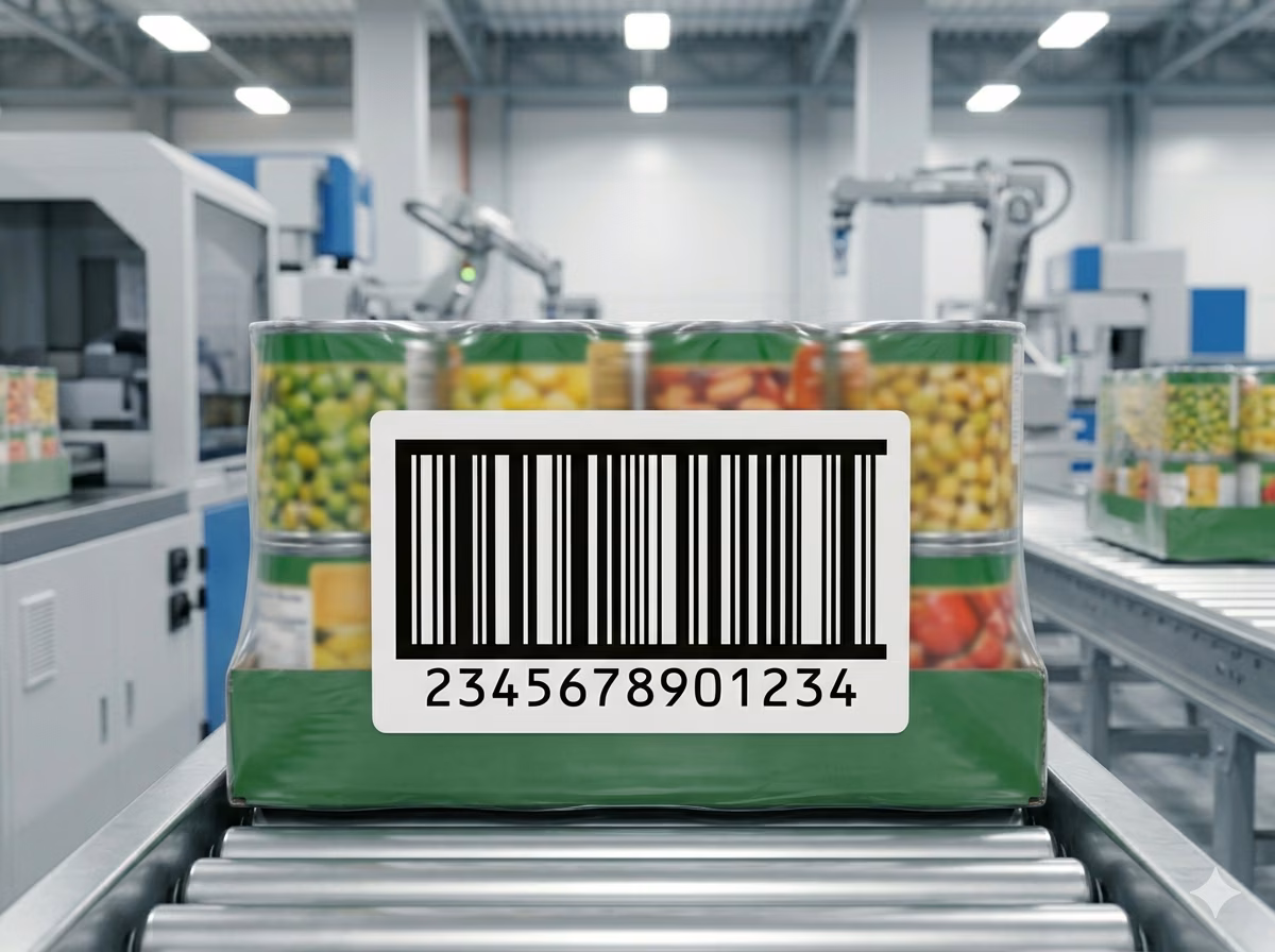 Código de barras ITF-14 en una caja exterior de producto alimenticio para el cumplimiento de la cadena de suministro de alimentos