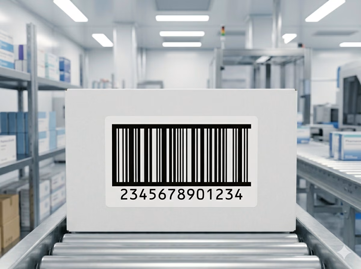 Código de barras ITF en una etiqueta de caja farmacéutica para escaneo en centro de distribución