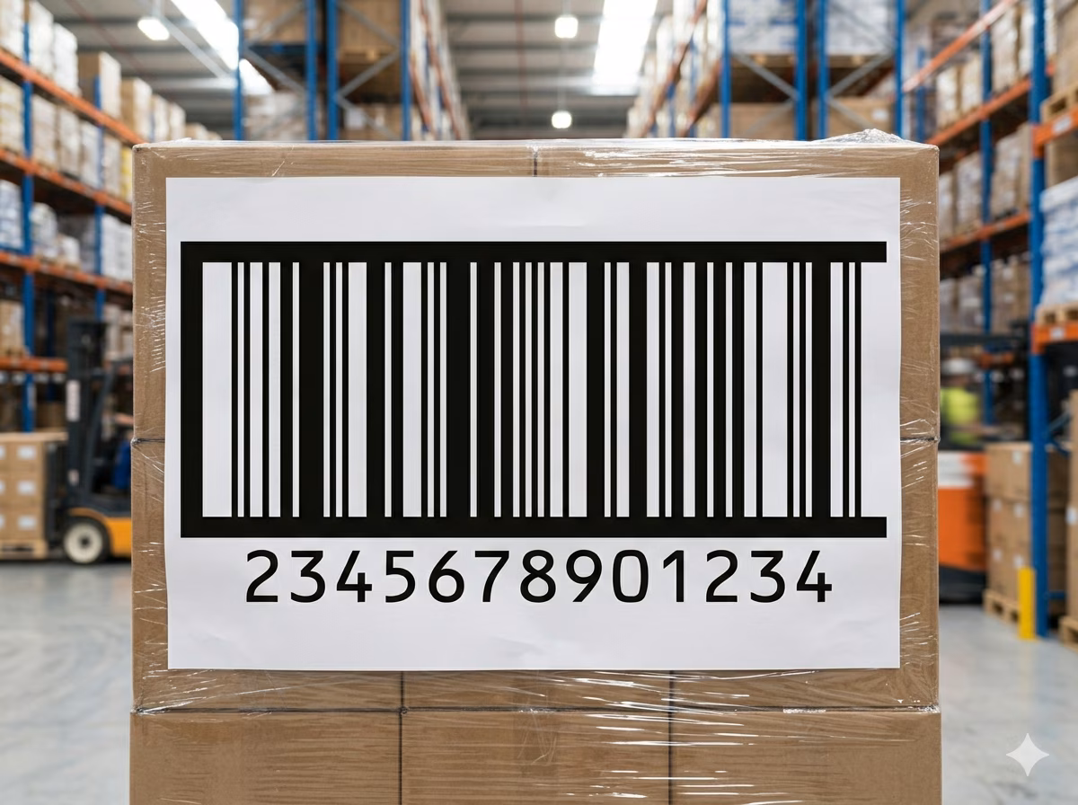 Código de barras ITF en una etiqueta de palé de almacén para seguimiento de inventario a nivel de caja