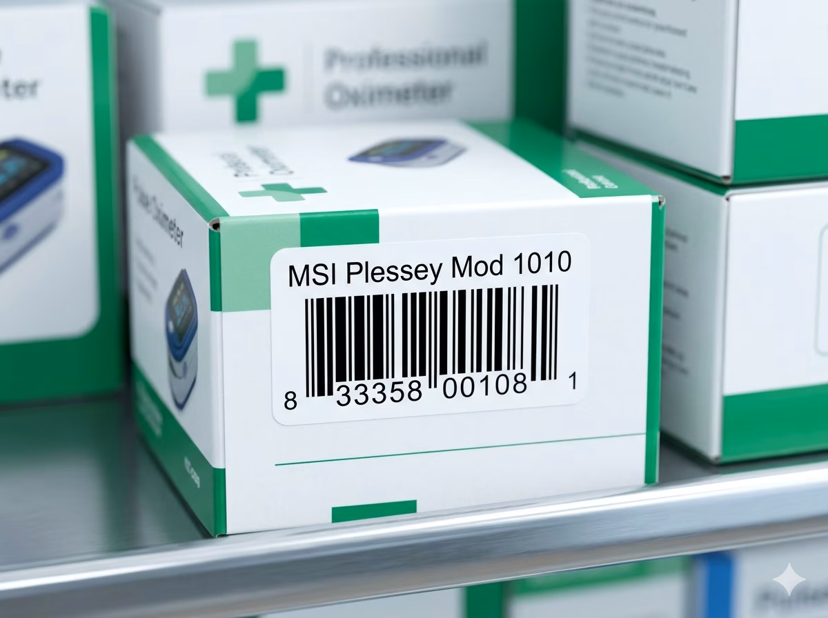MSI Plessey Mod 1010 barcode on a medical supply label for hospital inventory tracking