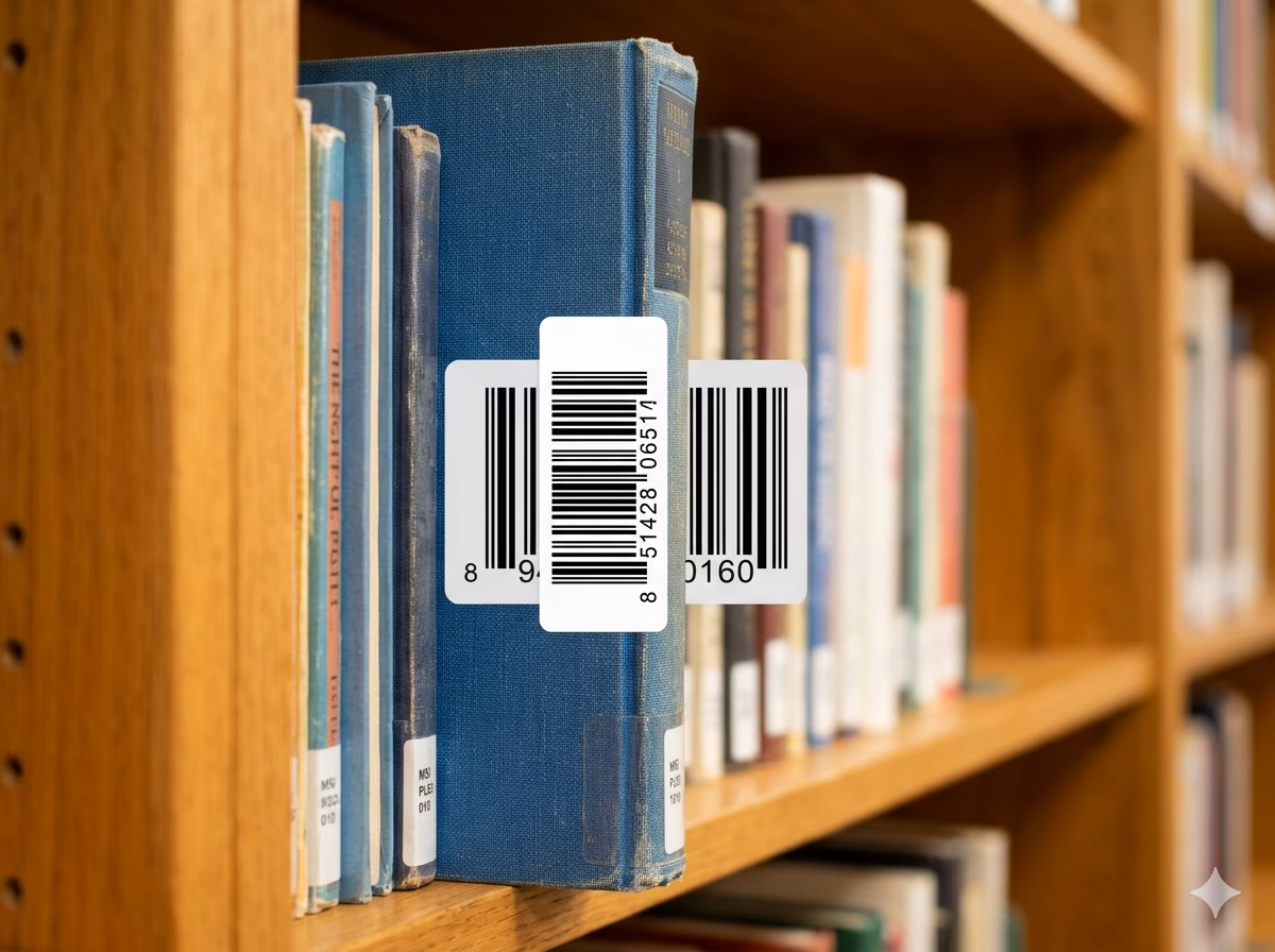 MSI Plessey Mod 1010 barcode on a library book spine label for catalog management