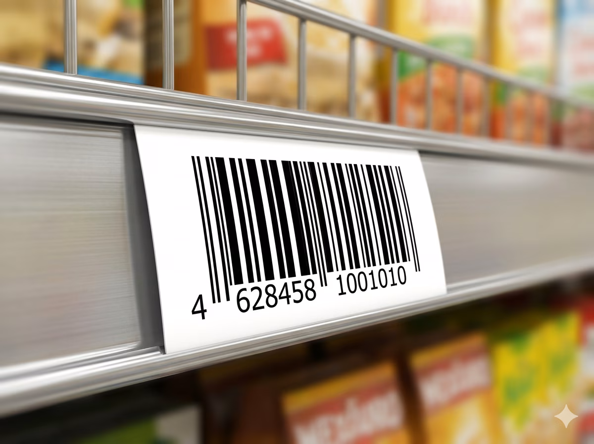 MSI Plessey Mod 1010 barcode on a retail shelf edge label for product location and pricing