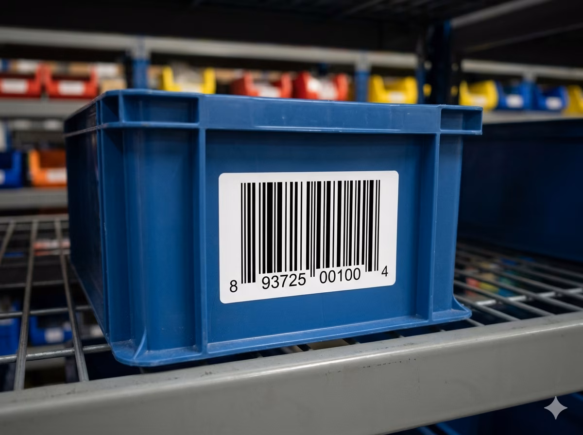 MSI Plessey Mod 1010 barcode on a warehouse bin location label for inventory tracking