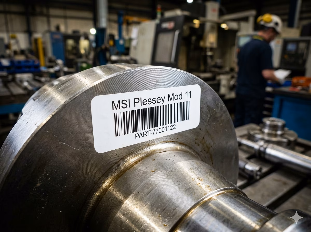 MSI Plessey Mod 11 barcode on an industrial component label for manufacturing tracking