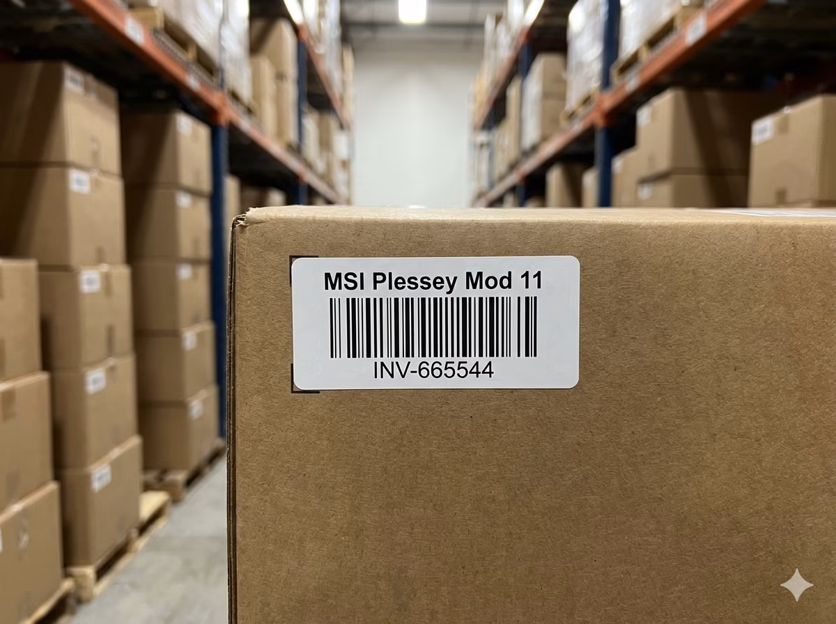 MSI Plessey Mod 11 barcode used for warehouse inventory stocktake labels