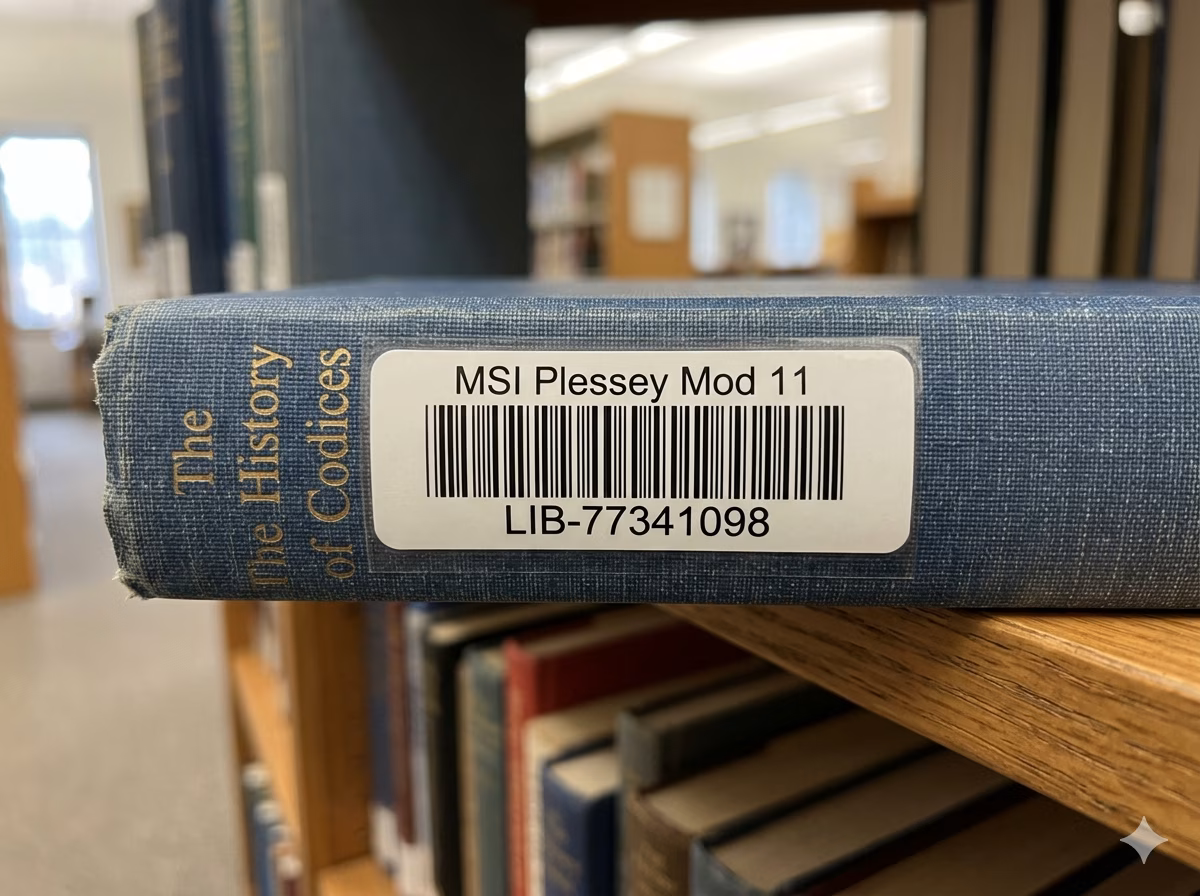 MSI Plessey Mod 11 barcode on a library book item label