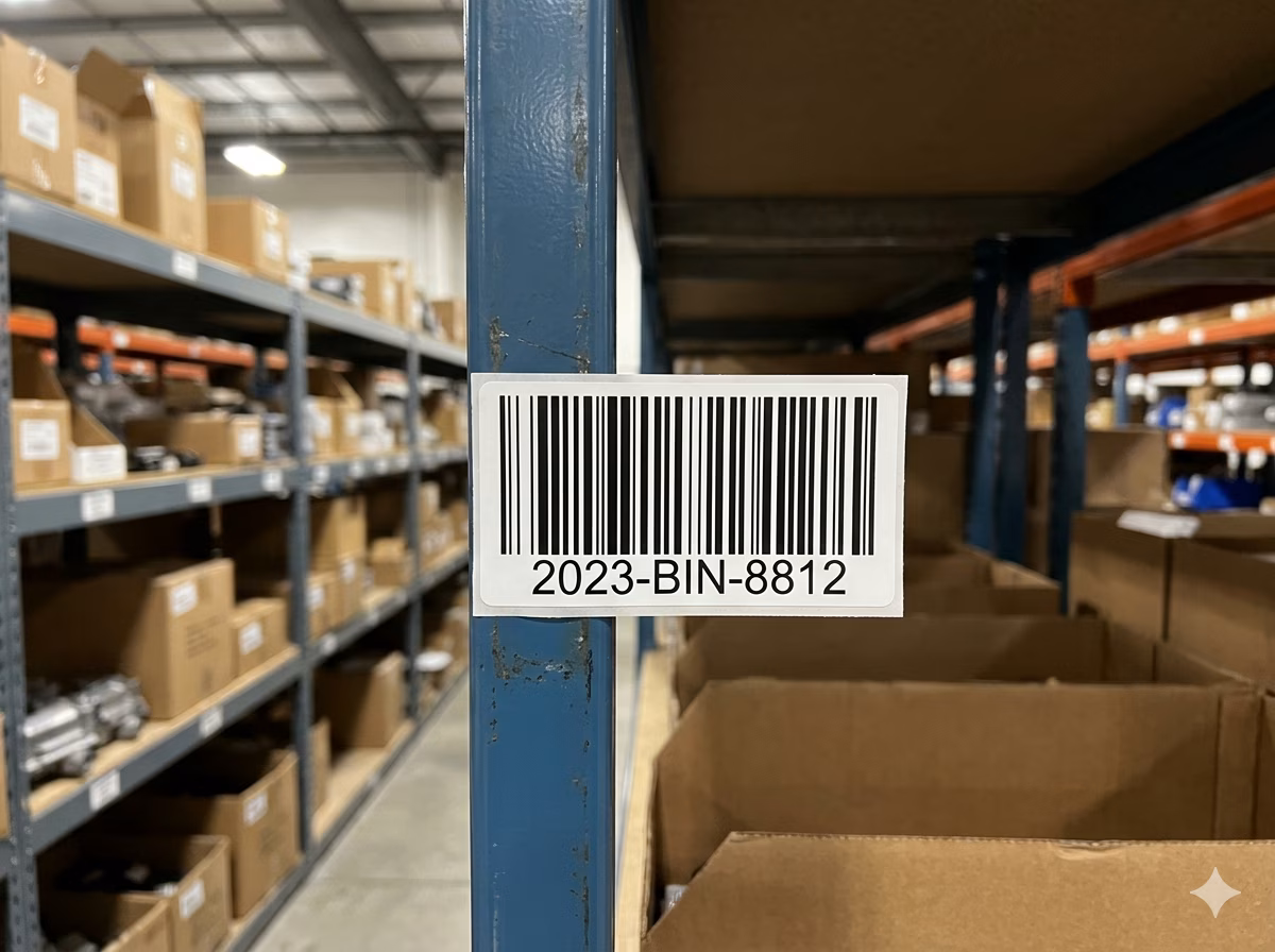 MSI Plessey Mod 11 barcode label on a warehouse bin location marker