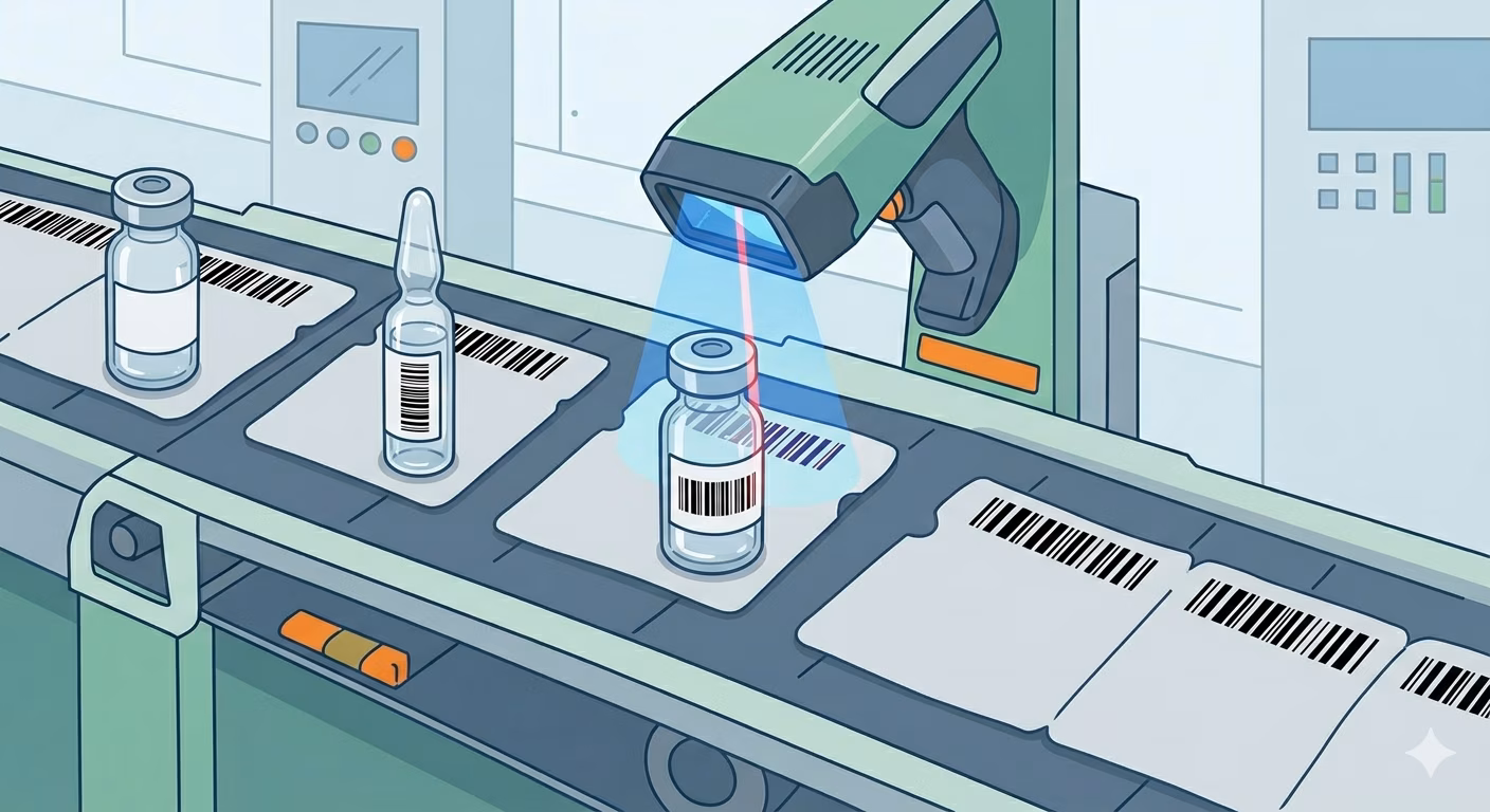 Pharmacode barcode label on a pharmaceutical glass ampoule or vial for product identity verification
