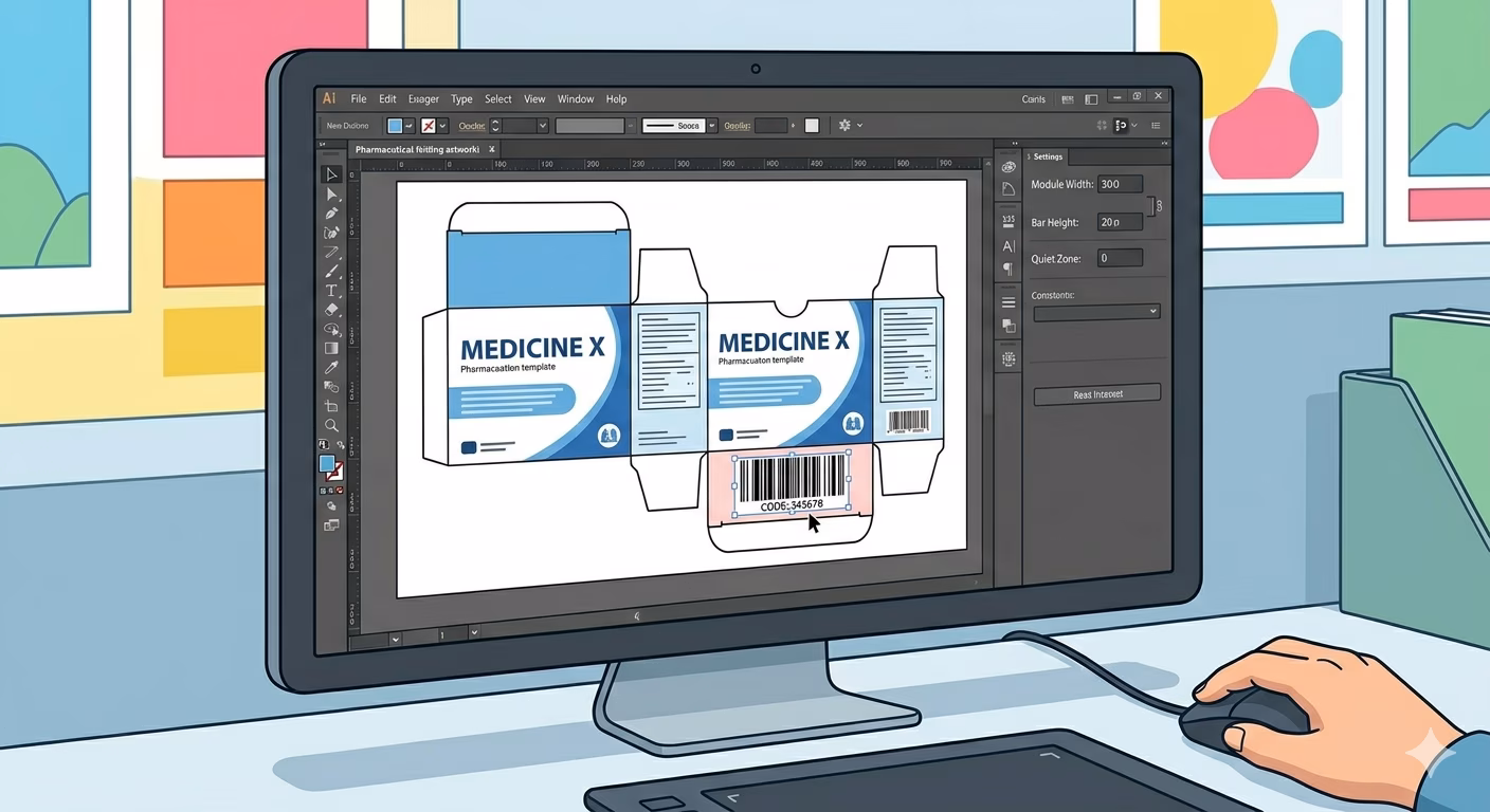 Pharmacode barcode in pharmaceutical packaging artwork specification for prepress and print production