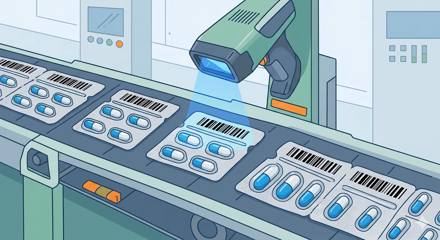 Pharmacode barcode on pharmaceutical blister pack packaging for automated line verification