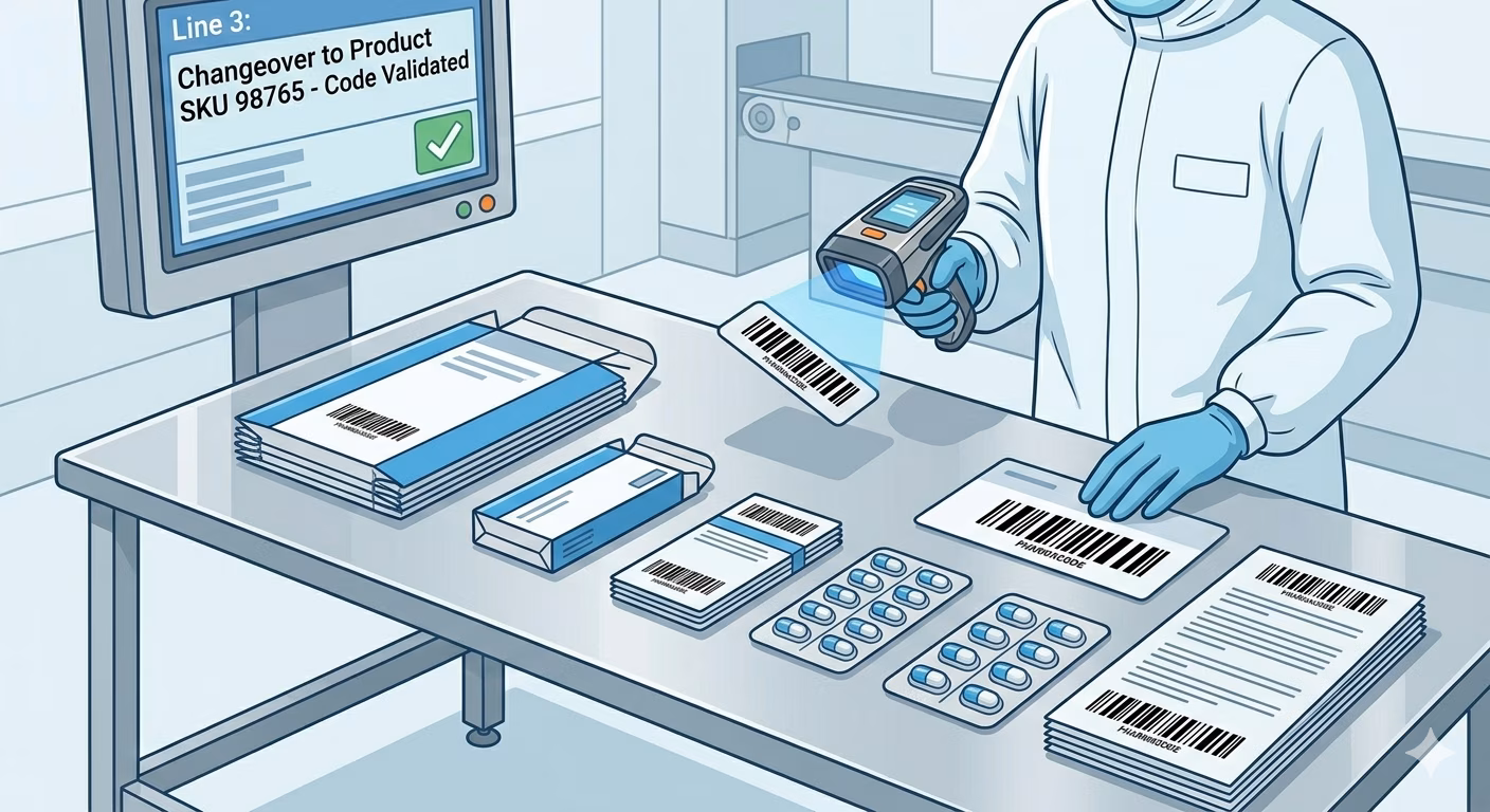 Pharmacode barcode used for pharmaceutical packaging line changeover verification and GMP compliance